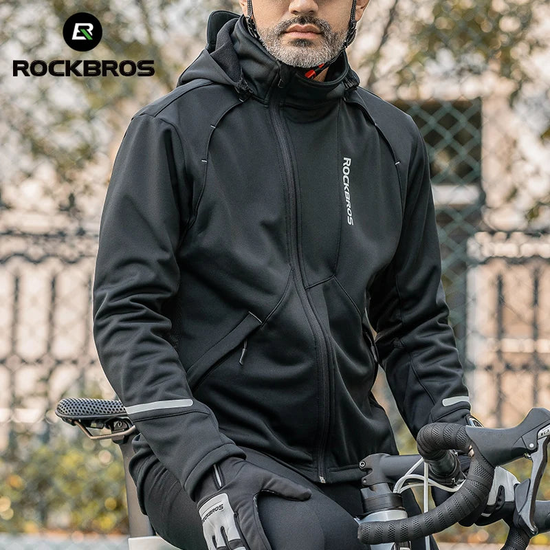 ROCKBROS Winter Cycling Jacket Hoodies Warm Fleece Thermal Windproof Hooded Jacket Long Sleeves Men Windbreaker Cycling Clothing