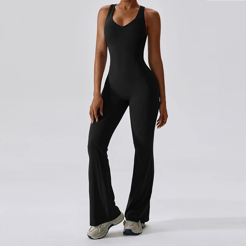 Training Jumpsuit With Back V And Flare Leggings