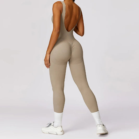 Seamless Sports Jumpsuit With Open Back